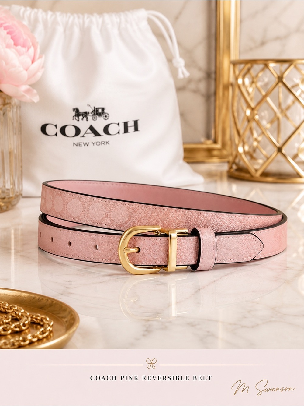NEW Coach Reversible Pink Signature Belt Gold Buckle 18mm Cut-To-Size CX058 NWT